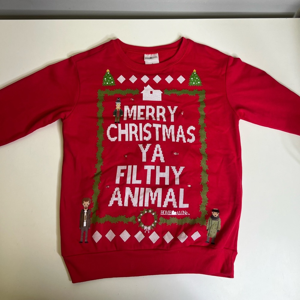 Red Home Alone Christmas Sweater with Fun Print - Size Small